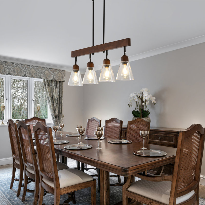 Lustre de salle à manger de ferme 4 lumières, îlot de cuisine en bois rustique avec abat-jour en verre bullé