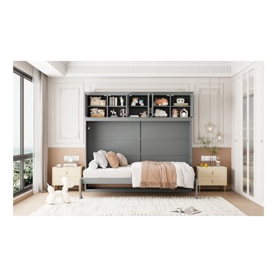 Grand lit escamotable mural avec armoires supérieures, gris