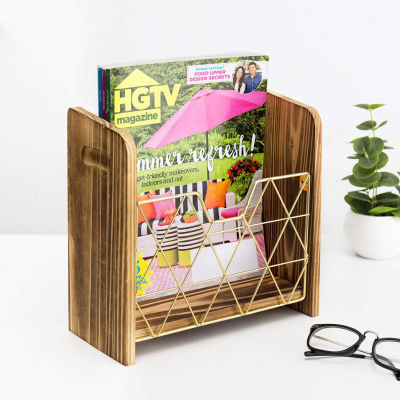 Brass Wire Wood Magazine Rack