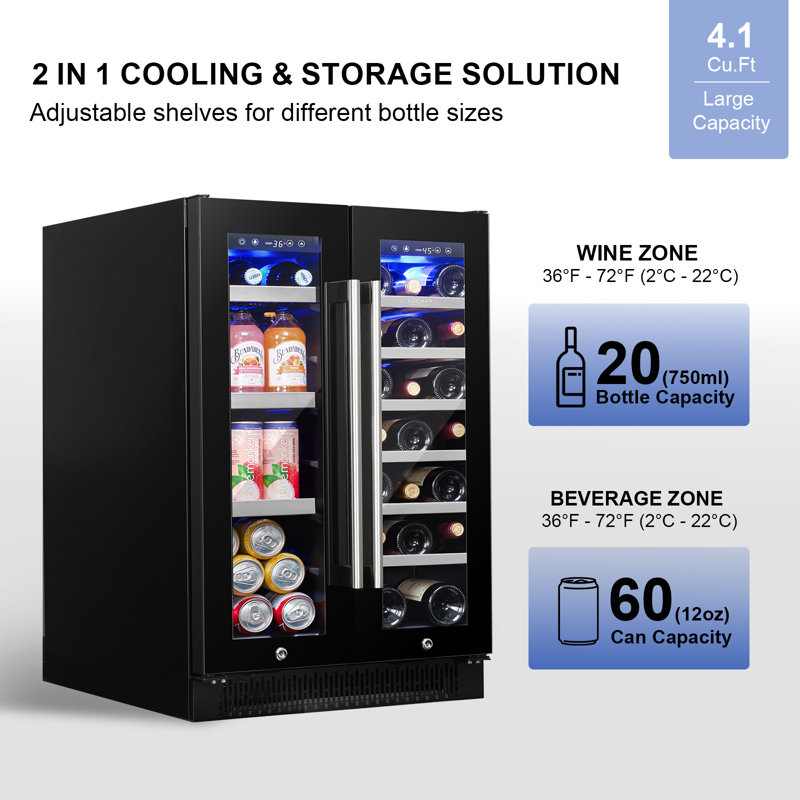 Luchar Wine And Beverage Refrigerator, 24 Inch Beverage Fridge With Glass Door, Dual Zone Wine Cooler With 3-Color LED Light, Holds 20 Bottles & 60 Cans, Under Counter/Built-In/Freestanding