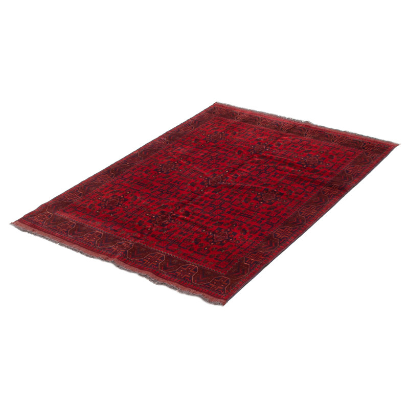 Tapis rouge en laine noué à la main de conception unique 4 pi 11 po x 6 pi 6 po New Age