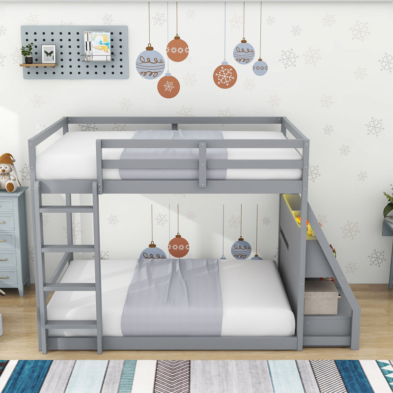 Full over Full Wooden Bunk Bed with LED Light Strip, Shelves, Charging Station and Drawers, Gray