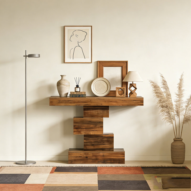 Wood Sofa Table Accent Table with Geometric Base, Rustic Brown