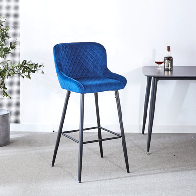 Of 2 Counter Height Stool, Blue Velvet Cushioned, Metal Black Legs For Pub, Restaurant, Salons Bar Stools, Upholstered In Blue, Kitchen Island, Restaurants, Coffee Shops