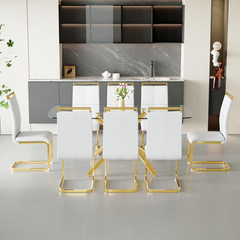 Ensemble de tables de salle à manger 71 "en verre moderne avec chaises en cuir - Ensemble de table de salle à manger de luxe pour 6 à 8 personnes