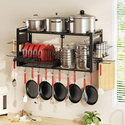 Organisateur de casseroles et de poêles 3 en 1 avec supports de cuisine à 2 niveaux et support de couvercle de casserole et 20 crochets, noir
