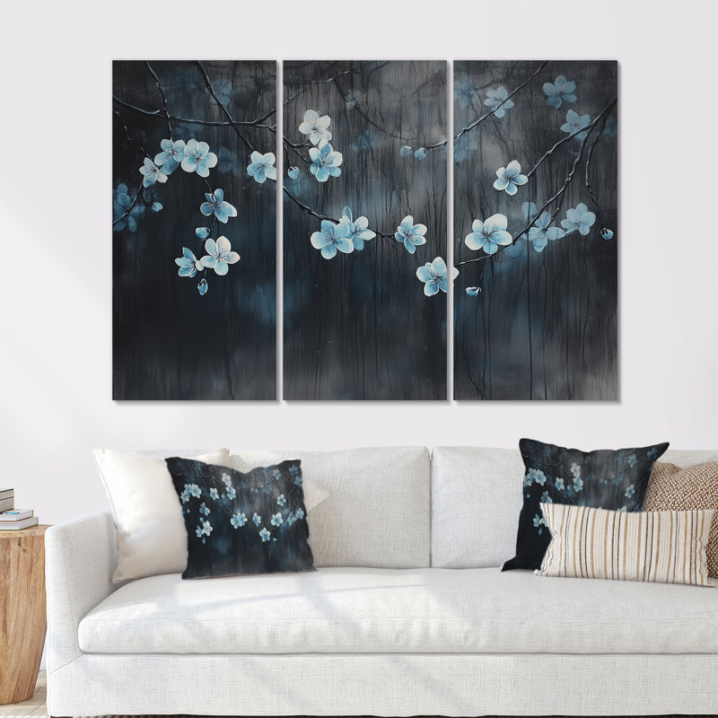 «Blue Cherry Blossom Wall Art», ensemble de 3 toiles encadrées Stuart, H 40 po x l 60 po, Toile tendue sans cadre