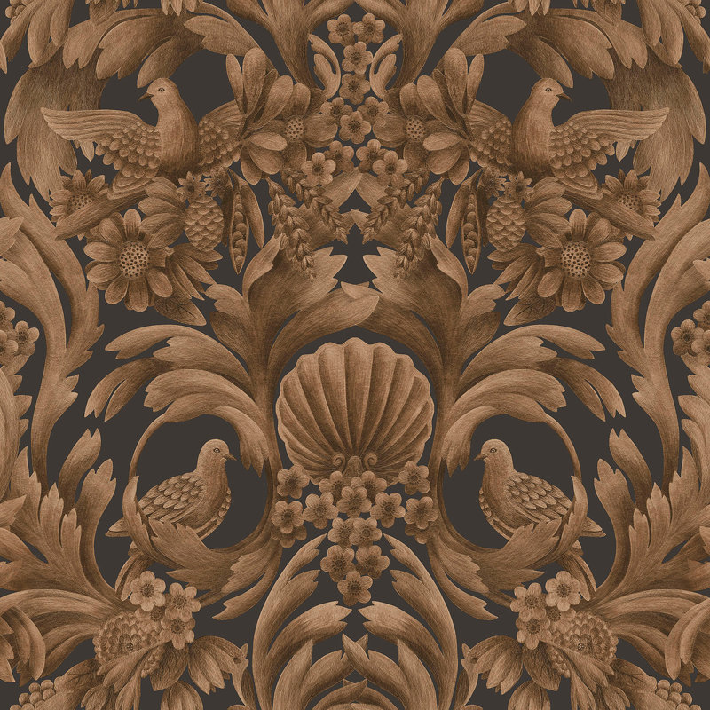 Damask Wallpaper Roll, Metallic Bronze/Charcoal