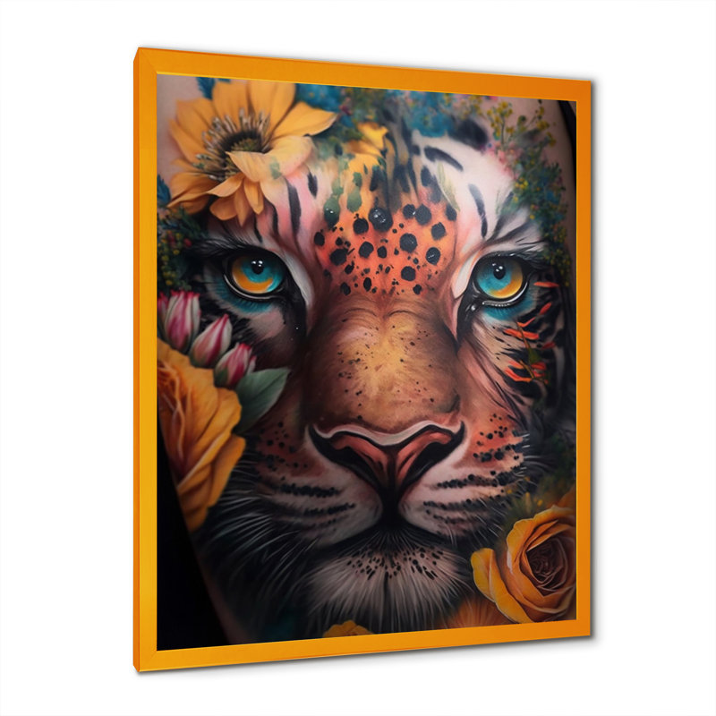 Tigre tigre avec fleurs - reproduction sur toile, L 30 po x H 40 po, Impression dorée sur toile encadrée