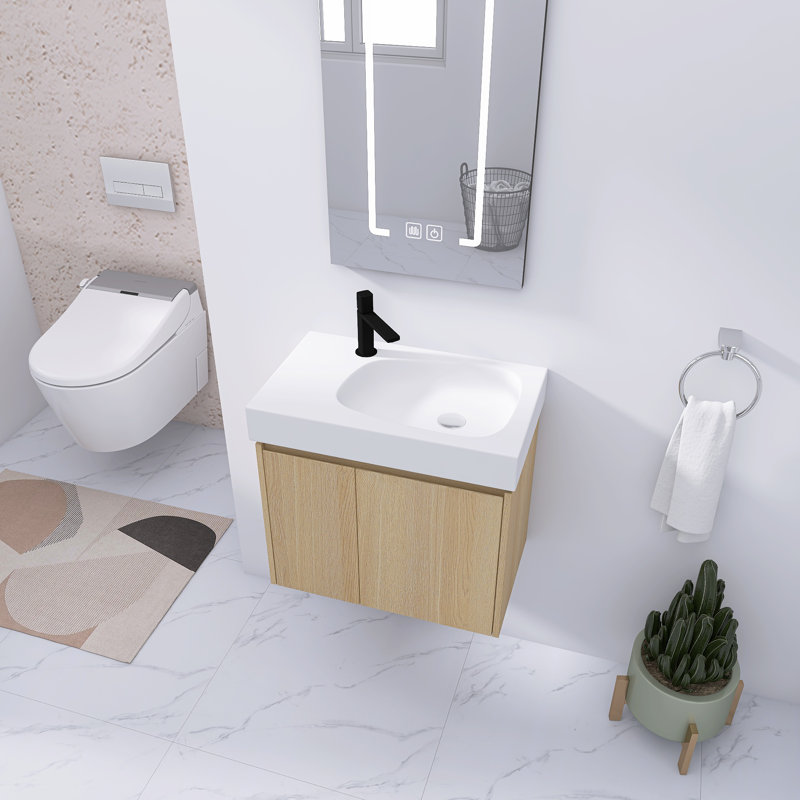 Petit meuble-lavabo mural 24 po avec lavabo en céramique, portes d'armoire à fermeture douce, Chêne