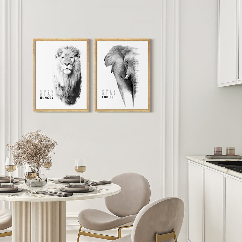 «Stay affamé, Stay foolish lion and Elephant animaux», art mural encadré noir et blanc moderne, Naturel, H 14 po x l 11 po