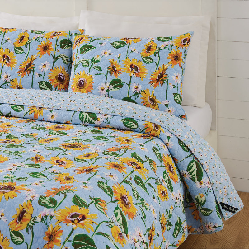 Sunflower Sky Twin Blue Cotton Reversible Quilt Set