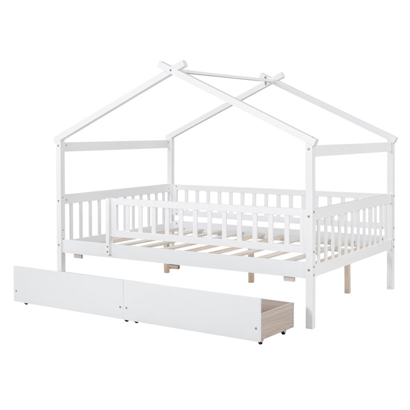 Lit pour la maison Selman avec tiroirs de rangement, barrières de sécurité et toit, Lit double, Blanc