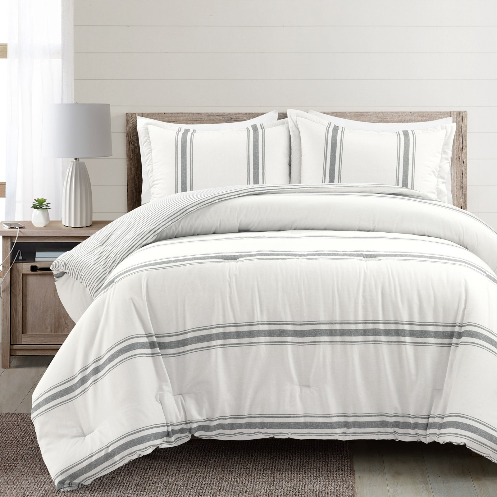 Gilroy Cotton Comforter Set, King Comforter + Standard 2 Shams, Dark Gray