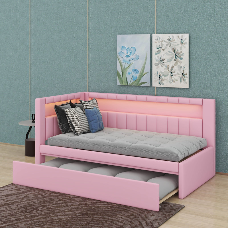 Lit plateforme simple tapissier avec ports USB et lit gigogne, Rose