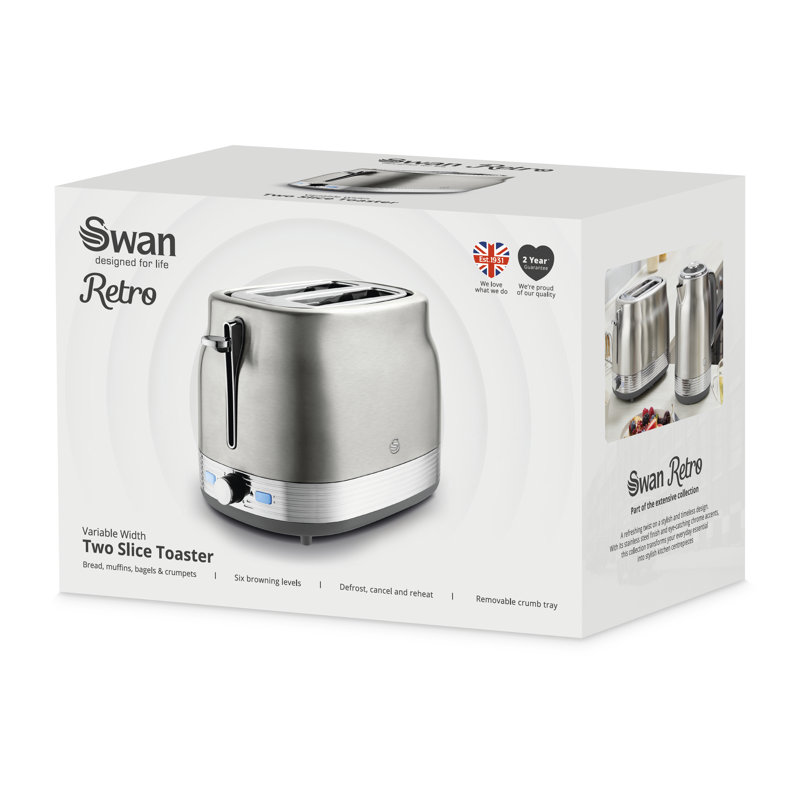 Swan Retro Kitchen Set, 1.7L Rapid Boil Traditional Kettle and 2 Slice Toaster, Non-Slip Feet, Stainless Steel