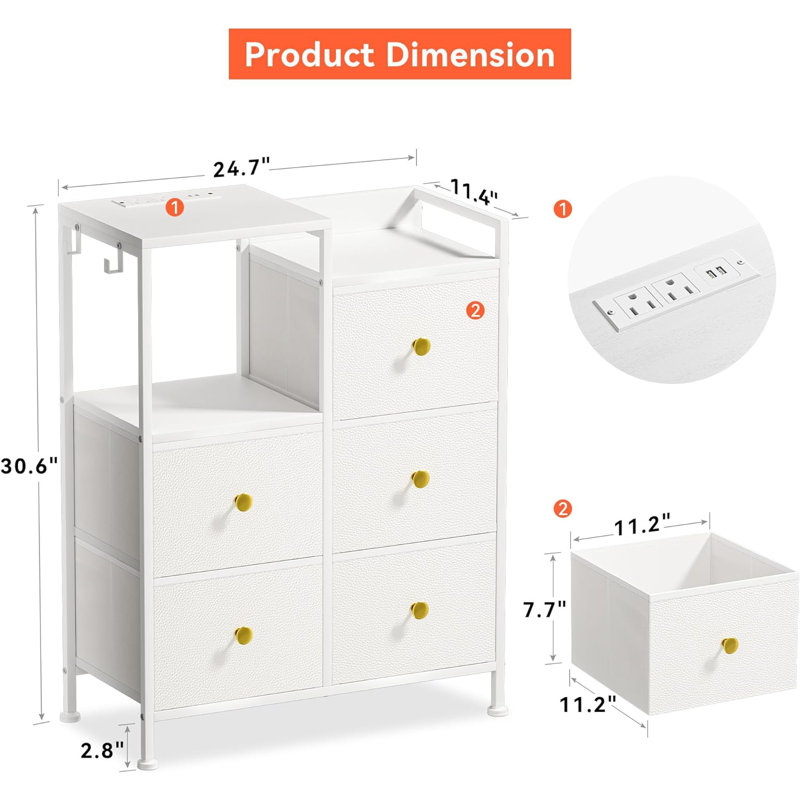 Klodian 5 - Drawer Dresser Dresser for Bedroom, Dresser with Led Light and Charging Station, Fabric Dressers&Chests of Drawers with 5 Drawers and Shelf, Storage Unit Organizer Tower