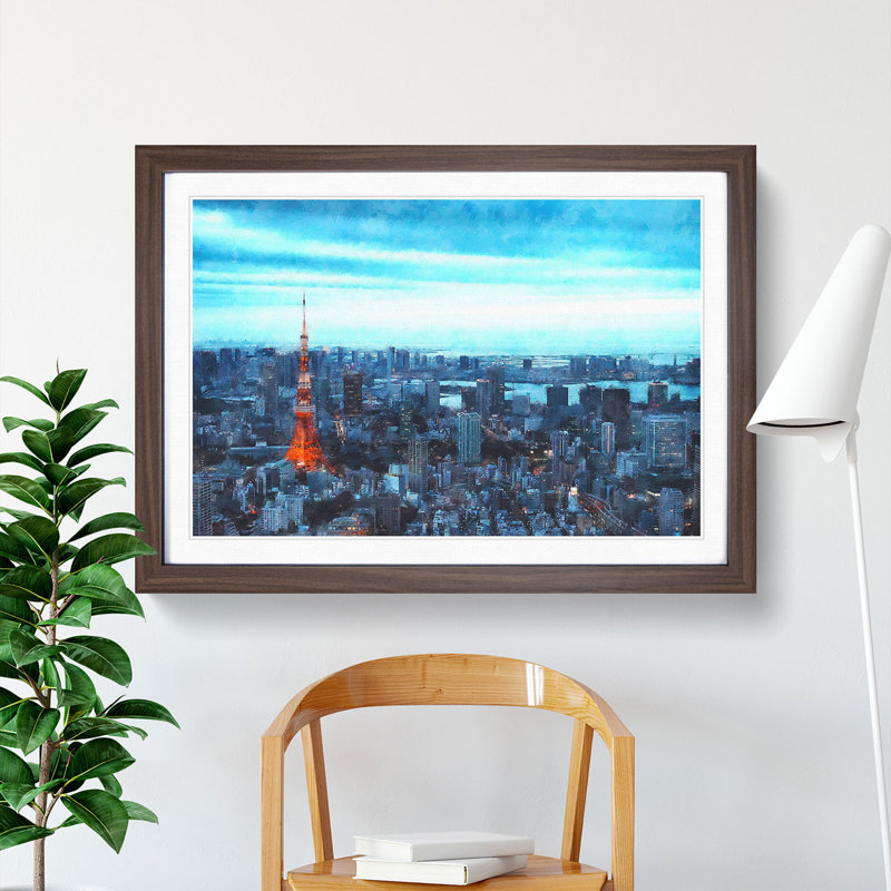 Tokyo Tower & Japan Skyline - Picture Frame Painting Print on MDF, 24cm H x 33cm W x 2cm D, Walnut Framed