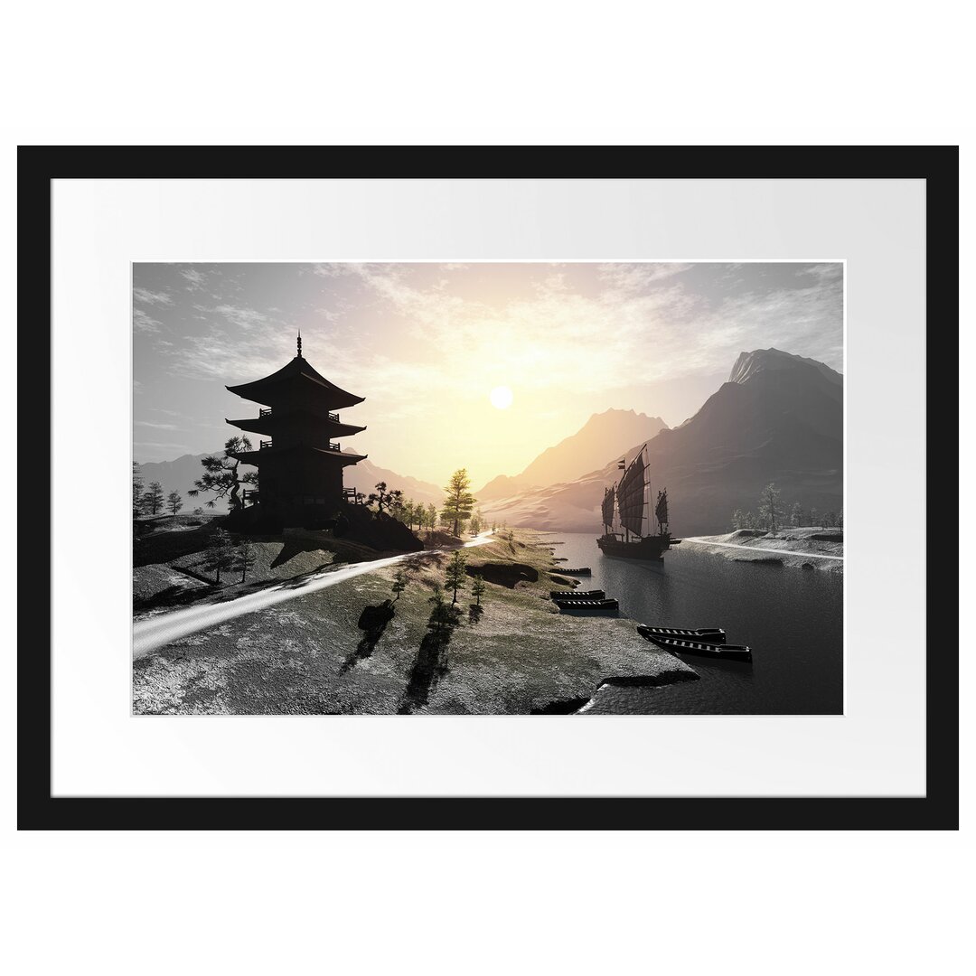 Gerahmtes Poster Asiatischer Tempel an Fluss