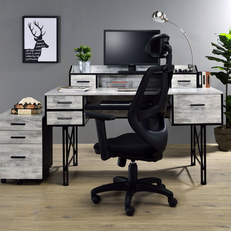 Bureau d'ordinateur Safea à finition blanche et noire antique avec 5 tiroirs de rangement et 1 tablette à niveaux, parfait pour le bureau à domicile et le bureau