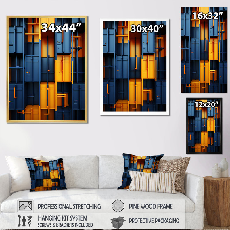 Collage industriel symétrique I de Lerlene - reproduction sur toile, Cadre simple noir, H 44 po x l 34 po x P 1,5 po
