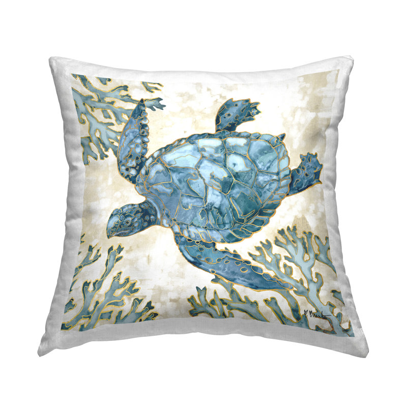 Motif de coussins de tortue de mer bleu avec imprimé corail par Paul Brent