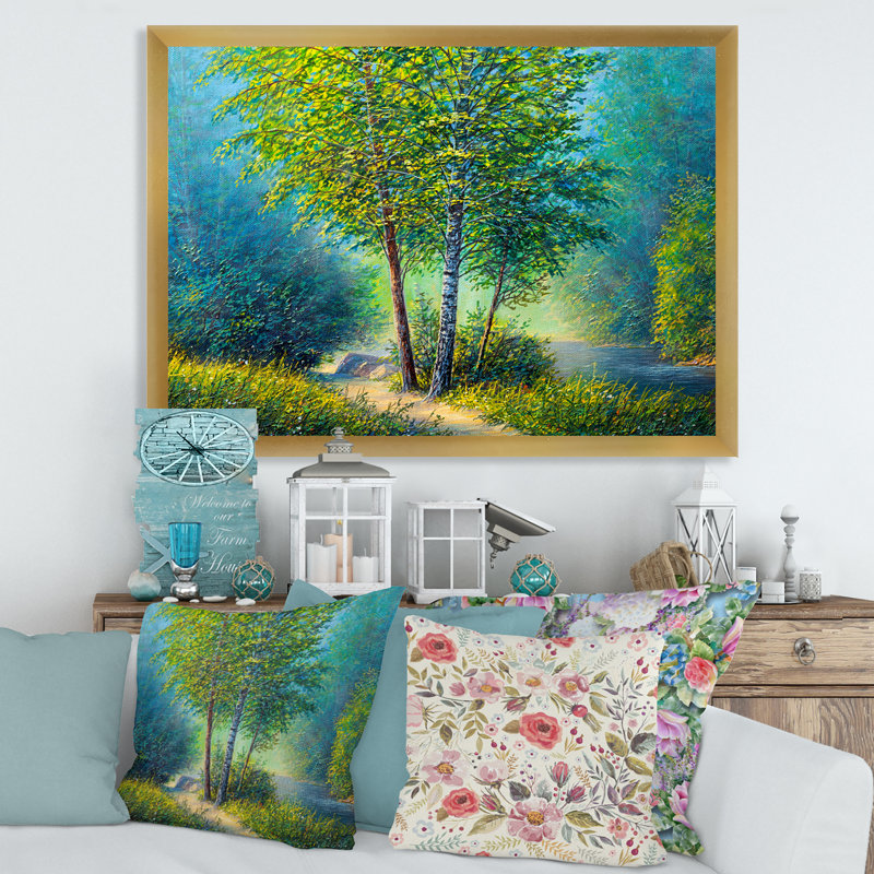Three Vibrant Trees by the River - Peinture sur toile, H 24 po x l 32 po x P 1 po, Cadre doré