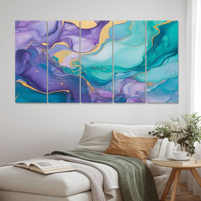 Turquoise And Purple Liquid Art II - Fractals Wall Decor - 5 Equal Panels