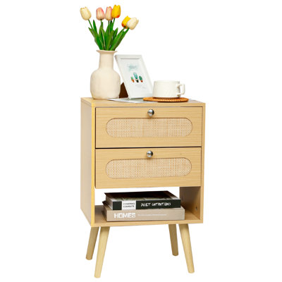 Boho Bedside Table Modern Rattan Nightstand With 2 Drawer And Open Storage For Bedroom, Living Room,enrtyway 23.62"h Tall,natural
