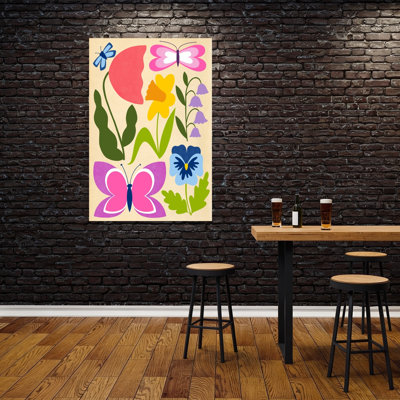 Spring Garden Butterflies Colorful Playful Vibrant Butterfly Daffodil Pansy Flower Nature Wall Art Print