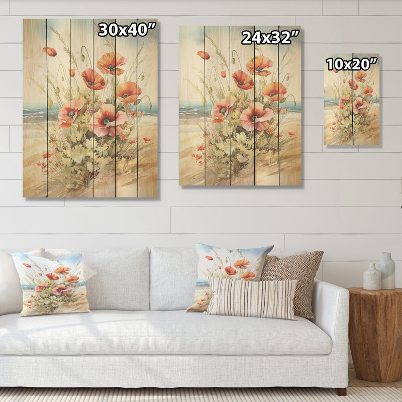 Coquelicots rouges sur la plage I - coquelicots, art sur bois de pin naturel, H 20 po x l 10 po