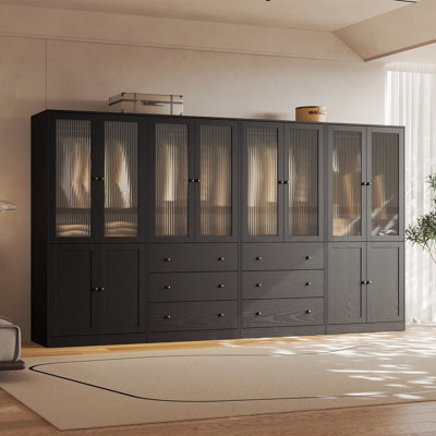 20"D x 126"W x 71"H Modern Armoire With Soft-Close Doors — Fluted Glass Wardrobe Closet With Shelves & Drawers by Latitude Run
