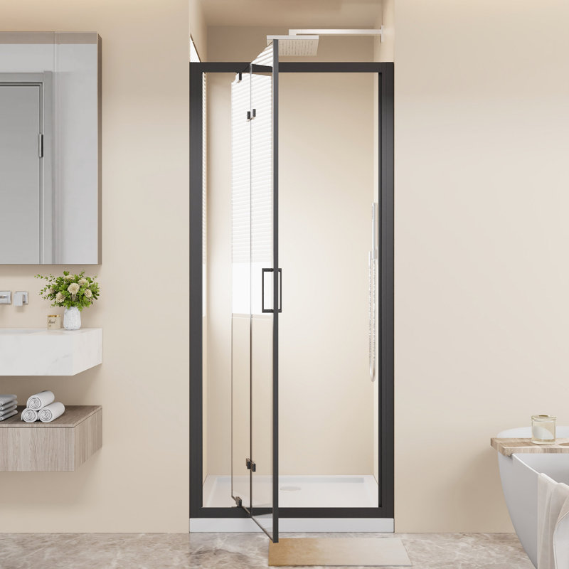 Framed Bi-Fold Pivot Shower Door 30"X72" Space-Saving Folding Shower Enclosure, 1/4" Clear Tempered Glass With Stainless Steel Handle, Reverible Installation, Black