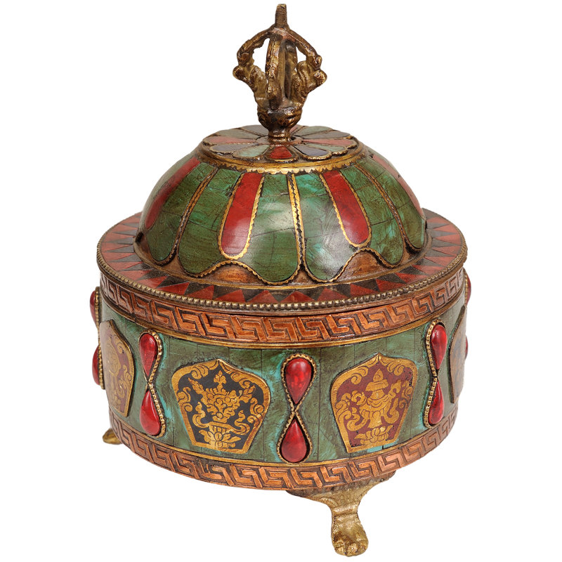 5.5 Inch Tibetan Buddhist Ritual Bowl with Lid - Handcrafted Copper Meditation Bowl with Inlay for Sound Healing, Yoga Studio & Spiritual Home Decor