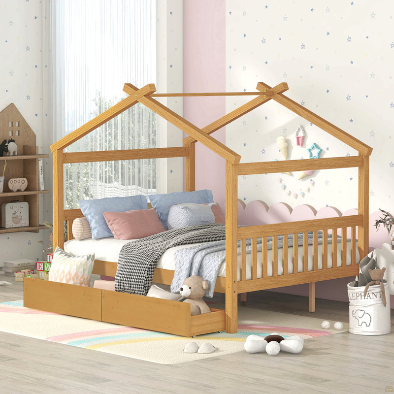 Lit double en bois avec tiroirs, Naturel, Full