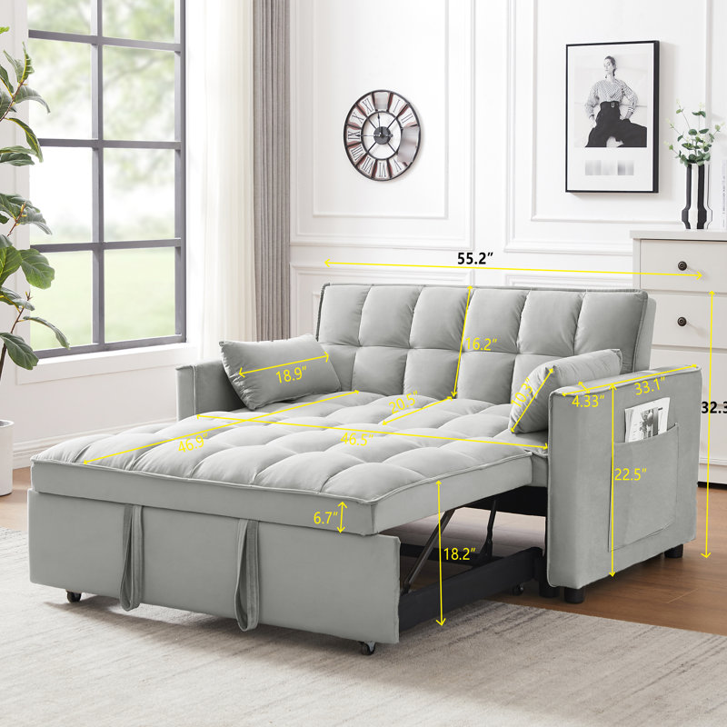 Canapé futon en velours 3-en-1 qui se transforme en lit-couchette, avec dossier réglable et poches de rangement à dossier inclinable convertible, coussins moelleux