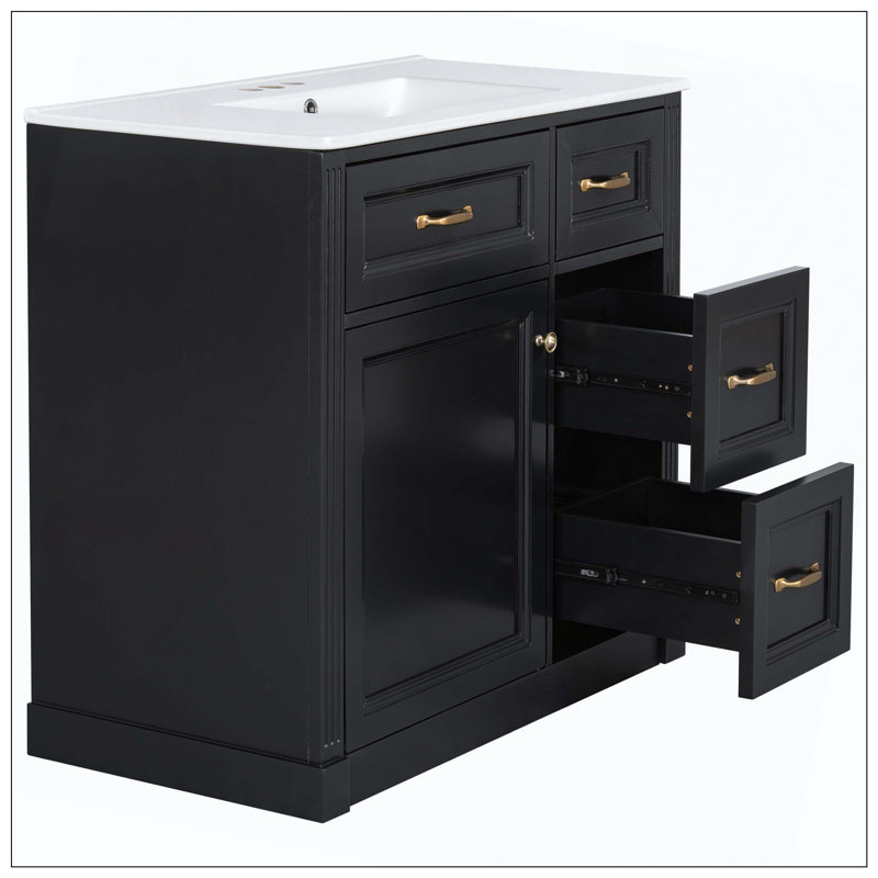 Modern Bathroom Vanity Ceramic Sink Drawers Soft-Close Shelf, Black