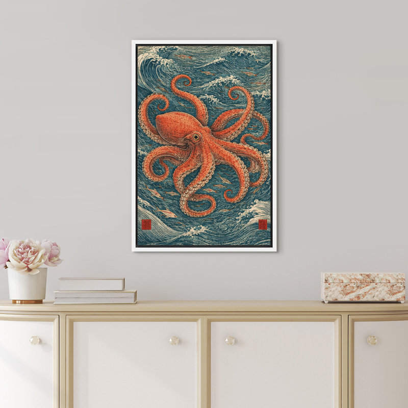 «Vintage Style Octopus Ocean Illustration Nautical Art Wall Art Decor», reproduction encadrée sur toile, H 24 po x l 16 po