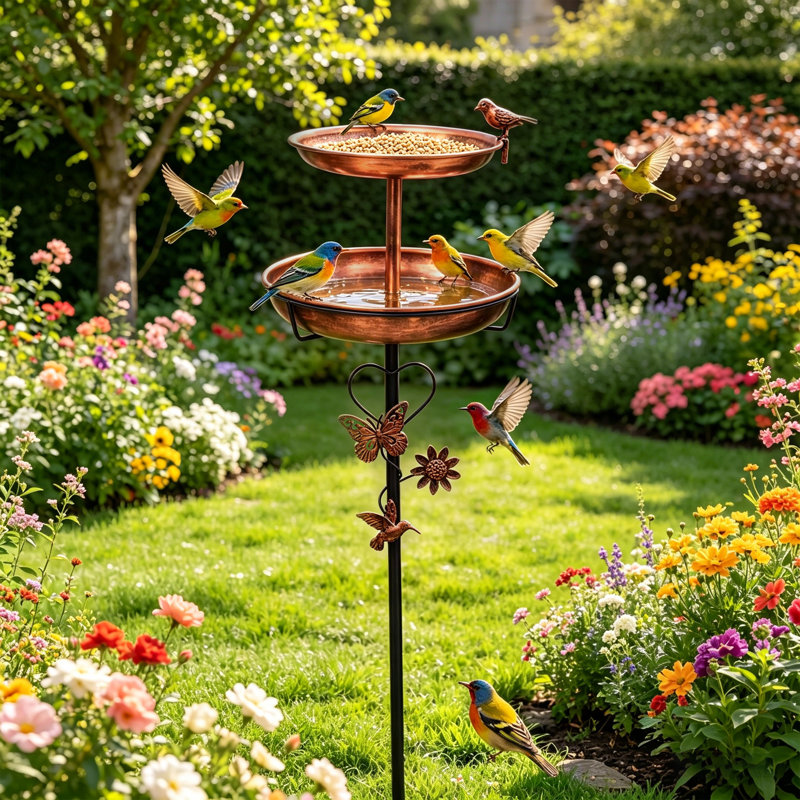 Cuvette de bain d'oiseaux de jardin en fer 3 en 1 avec mangeoire d'oiseaux, grand bassin, 5 piquets