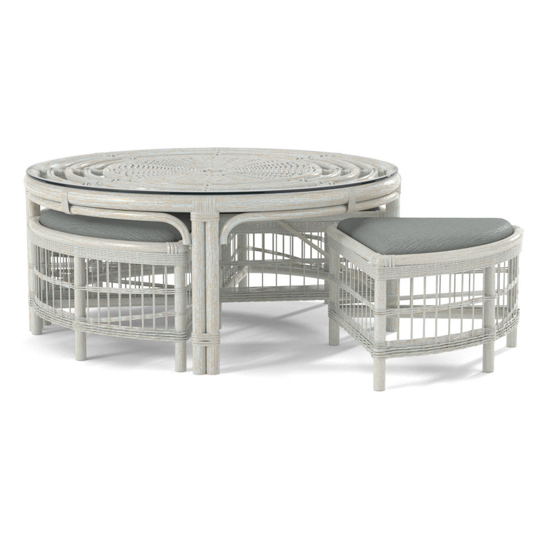 Raffles Rattan Cocktail Table with Benches, Bisque, Light Blue Performance Fabric; 0851-55