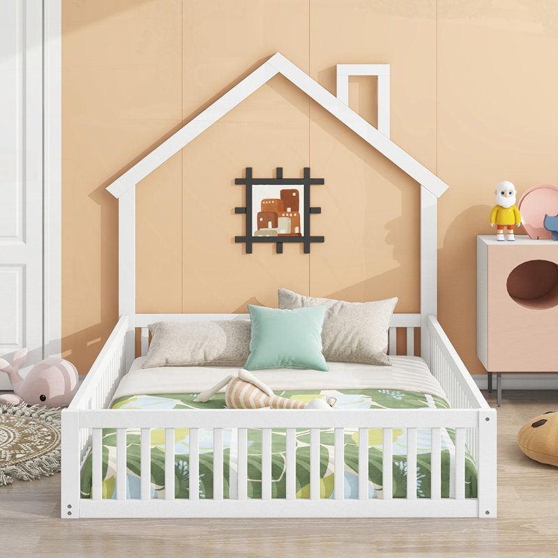 Full Size House Platform Bed with Guardrail, White