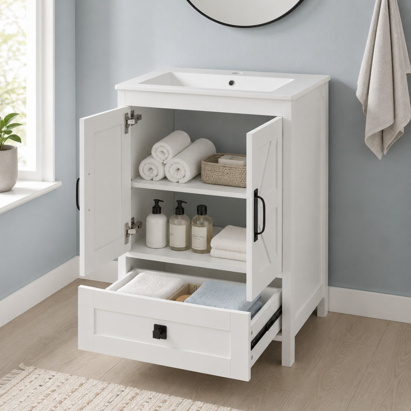 Meuble-lavabo de 61 cm (24 po) avec lavabo en céramique et rangement dissimulé (sans robinetterie) - Blanc, Blanc, 24 pouces