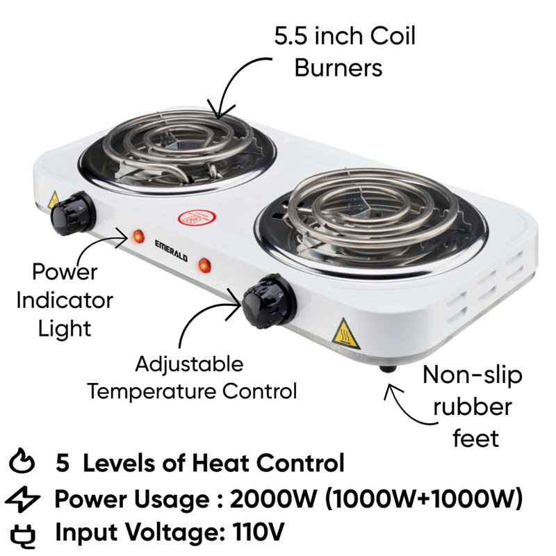 Plaque de cuisson électrique à deux brûleurs 5,5 po Emerald Compact and Portable, 2000W (2x1000W) - Blanc, Blanc