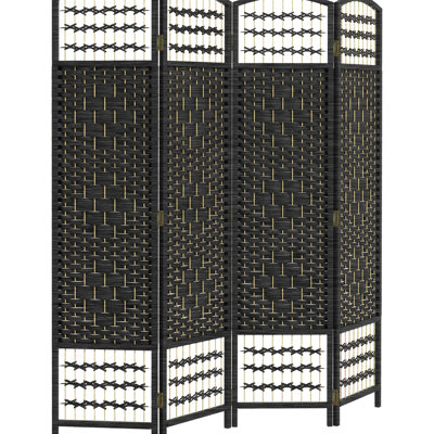 Pièce de 4 panneaux, écran d'intimité pliable, cloison en fibre noire de 5,6 pi, cloison de séparation pour le salon, la chambre à coucher, la zone artisanale, tissé à la main