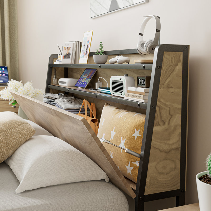  Platform Metal Bed Frame with RGB Lights and 2-Tier Storage Wooden Headboard, Queen