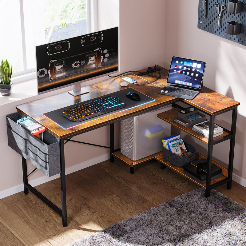 Kirstey L-Shape Gaming Desk with Built in Outlets,Computer Desk with Monitor Stand, Rustic Brown/Black