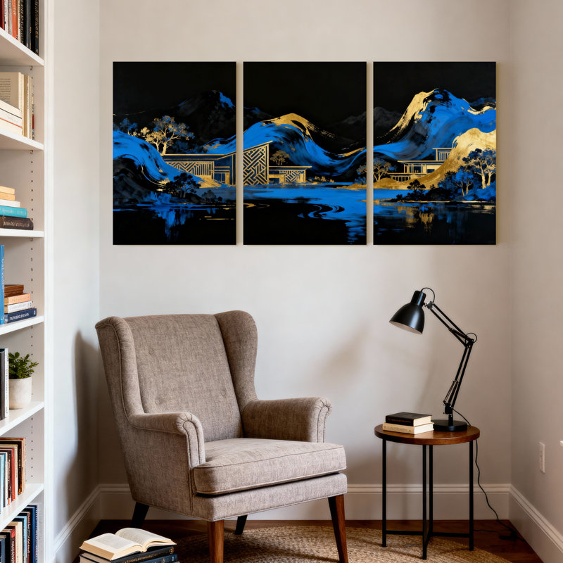 Cités et pays Blue Mountains Golden Trees Black Sky Water Reflections Modern House, ensemble de 3 impressions sur toile