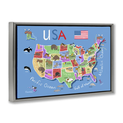 United States Animal Map Gold Framed Floater Canvas by Carla Daly