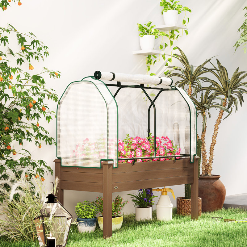 Raised Garden Bed with PE Greenhouse Cover, Brown,wood, Brown, 46.1"H x 47.6"W x 21.7"D