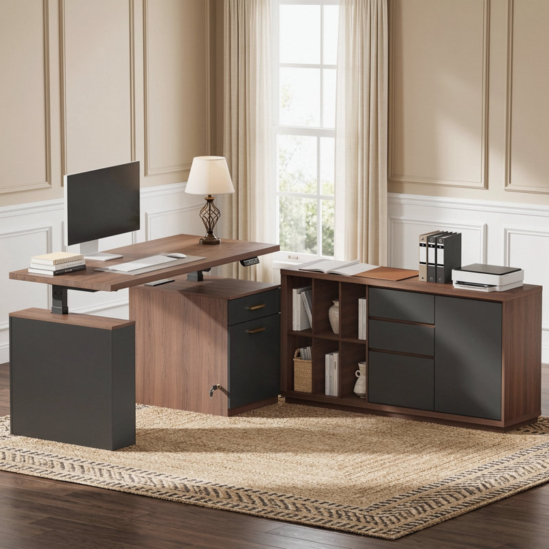 Bureau assis-debout électrique de 135 cm de large avec caisson de rangement de 152 cm de large, multiprise et tiroirs de rangement pour bureau à domicile